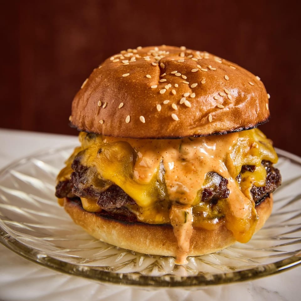 A juicy Edgemar Restaurant + Lounge double cheeseburger with melted cheese and special sauce on a sesame bun.
