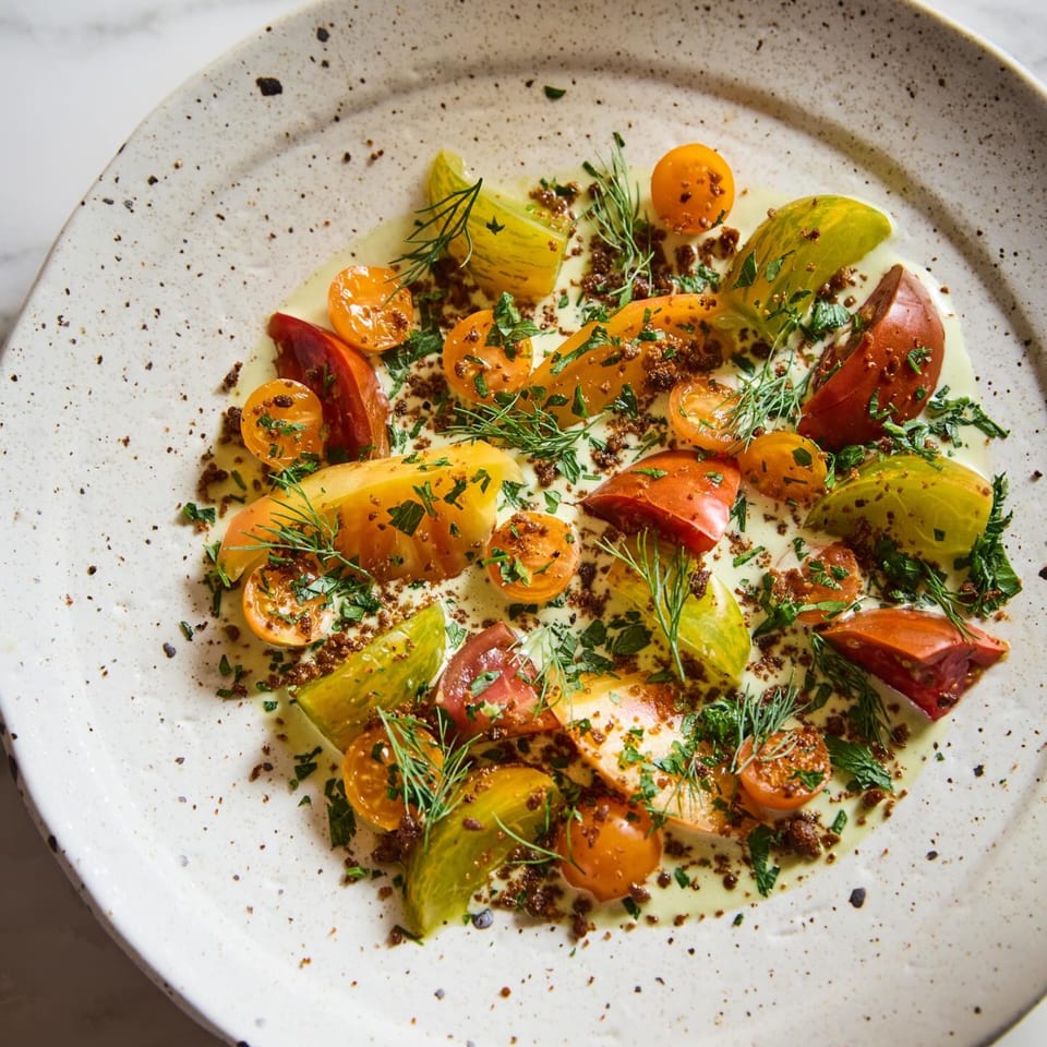 Heirloom tomato salad with herbs and a creamy dressing on a speckled white plate.